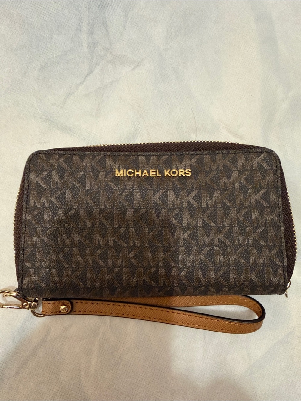 Michael Kors Brown and Tan Signature Zip-Around Wristlet Wallet